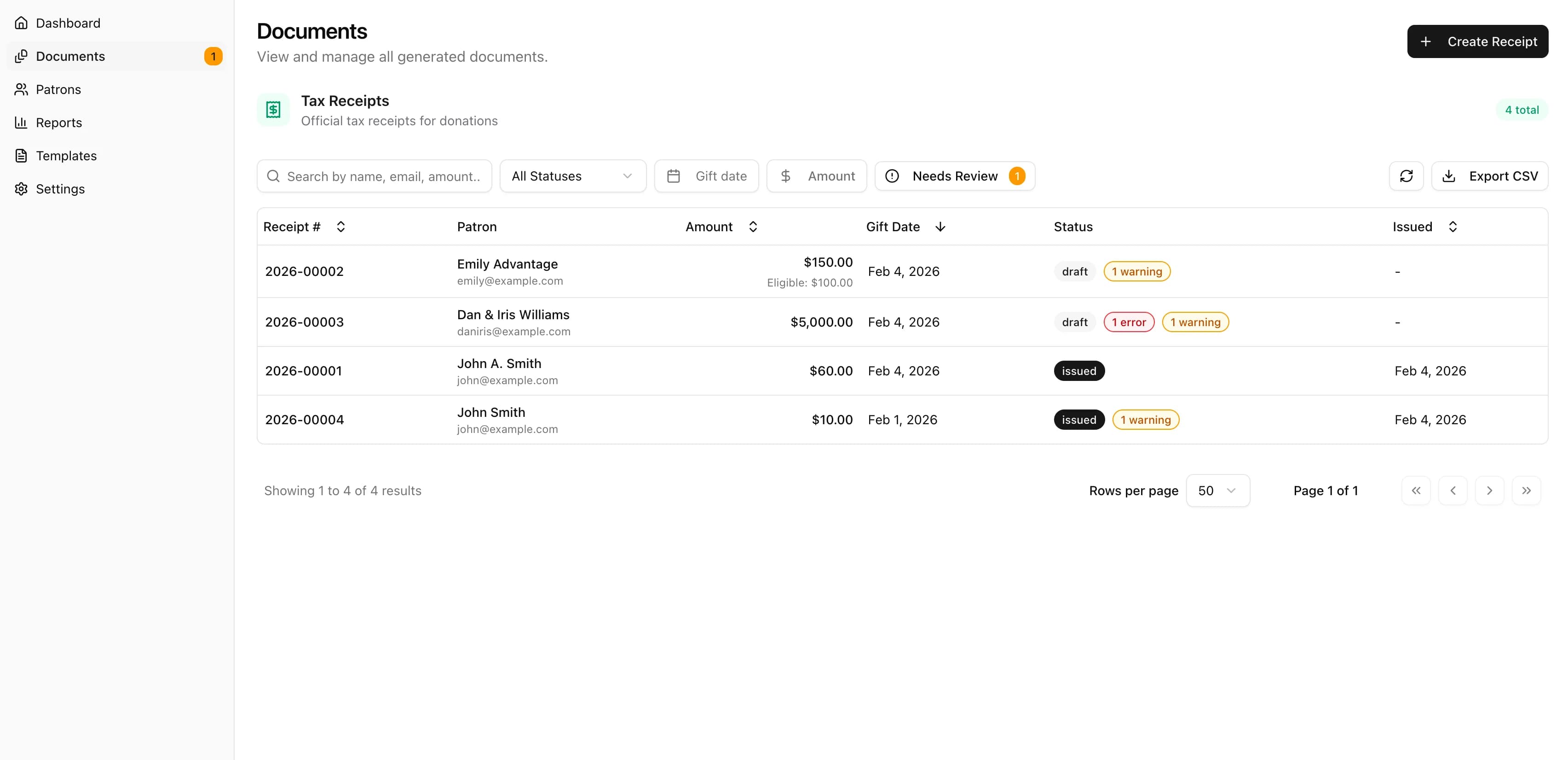 PatronSend dashboard showing receipt management